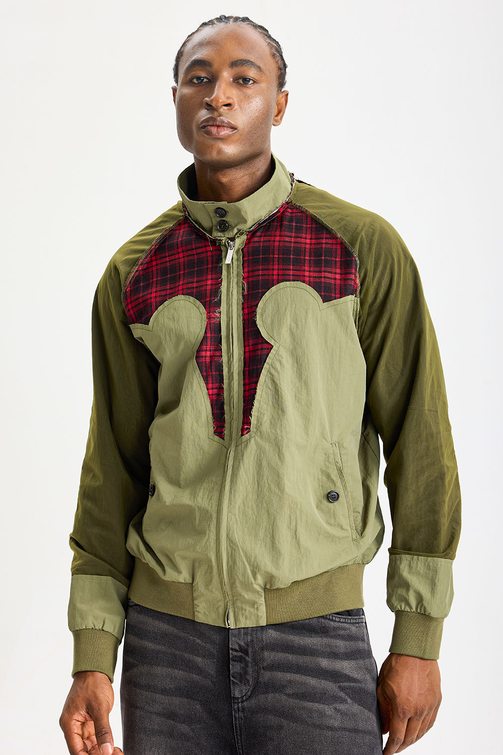 Custom Olive Mixed‑Fabric Patchwork Bomber Jacket | Men Retro Red Plaid Raw‑Edge Splicing Stand Collar Streetwear Jacket
