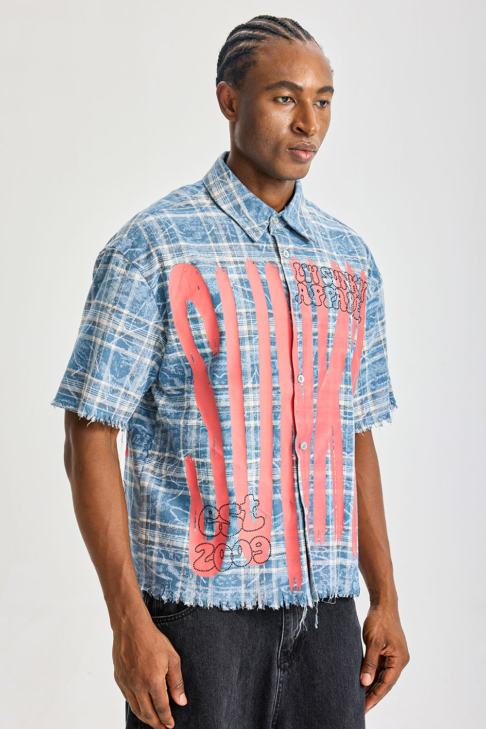 Custom Washed Blue Plaid Short‑Sleeve Shirt | Men Oversized Frayed‑Edge Sunkin Graffiti Print Streetwear Button‑Up Shirt