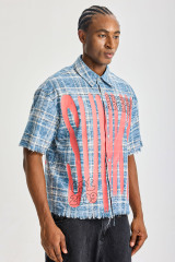 Custom Washed Blue Plaid Short‑Sleeve Shirt | Men Oversized Frayed‑Edge Sunkin Graffiti Print Streetwear Button‑Up Shirt