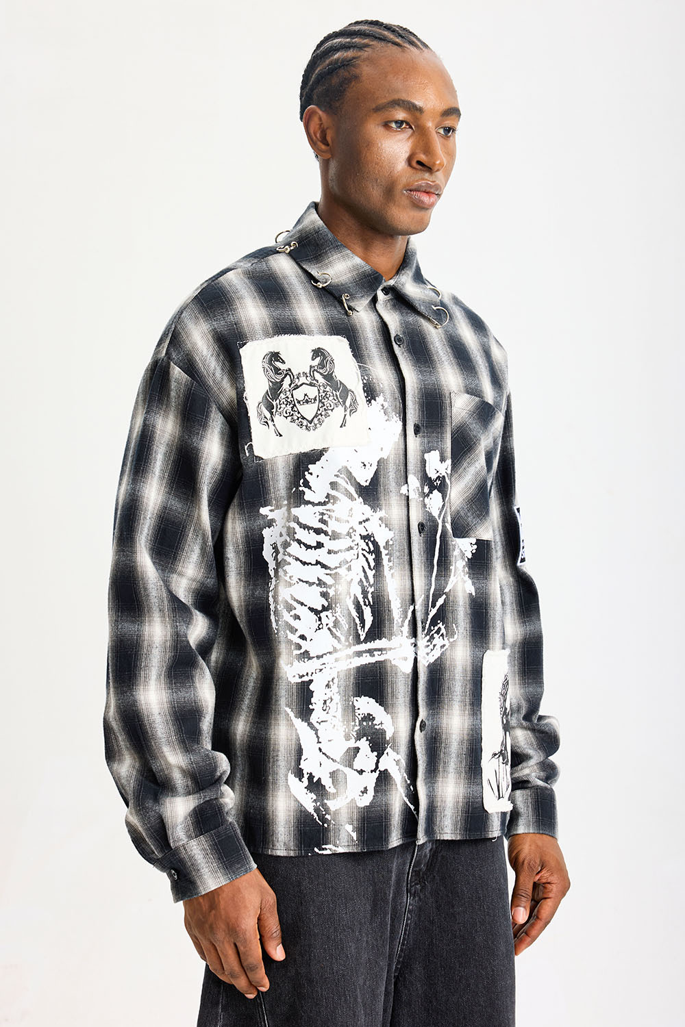 Custom Black‑White Plaid Patchwork Flannel Shirt | Men Oversized Skeleton Graphic Raw‑Edge Patches Metal O‑Ring Streetwear Button‑Up Shirt