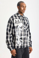 Custom Black‑White Plaid Patchwork Flannel Shirt | Men Oversized Skeleton Graphic Raw‑Edge Patches Metal O‑Ring Streetwear Button‑Up Shirt