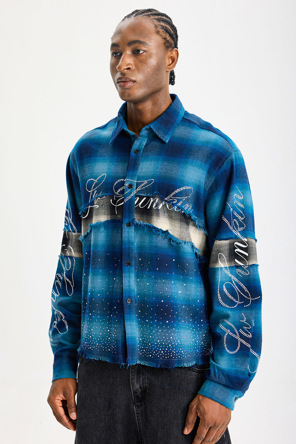 Custom Blue Ombre Plaid Frayed Patchwork Flannel Shirt | Men Oversized Rhinestone Script Print Streetwear Long‑Sleeve Button‑Up Shirt