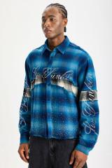 Custom Blue Ombre Plaid Frayed Patchwork Flannel Shirt | Men Oversized Rhinestone Script Print Streetwear Long‑Sleeve Button‑Up Shirt