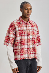 Custom Red Floral‑Plaid Fake Two‑Piece Short‑Sleeve Shirt | Men Oversized Frayed Raw‑Edge Layered Streetwear Button‑Up Shirt