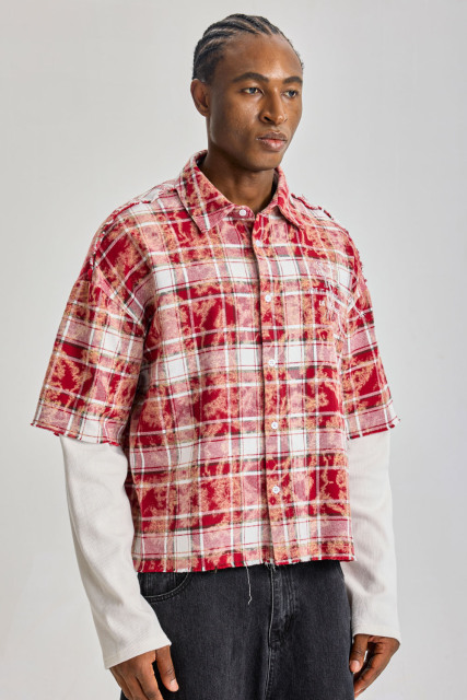 Custom Red Floral‑Plaid Fake Two‑Piece Short‑Sleeve Shirt | Men Oversized Frayed Raw‑Edge Layered Streetwear Button‑Up Shirt