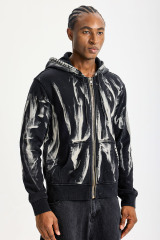 Custom Black Brush‑Stroke Print Full‑Zip Hoodie | Men Oversized Vintage Washed Abstract Graphic Zip‑Up Streetwear Hooded Sweatshirt