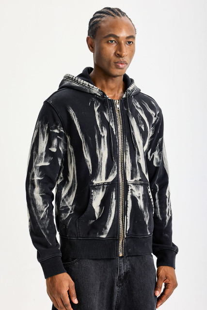 Custom Black Brush‑Stroke Print Full‑Zip Hoodie | Men Oversized Vintage Washed Abstract Graphic Zip‑Up Streetwear Hooded Sweatshirt