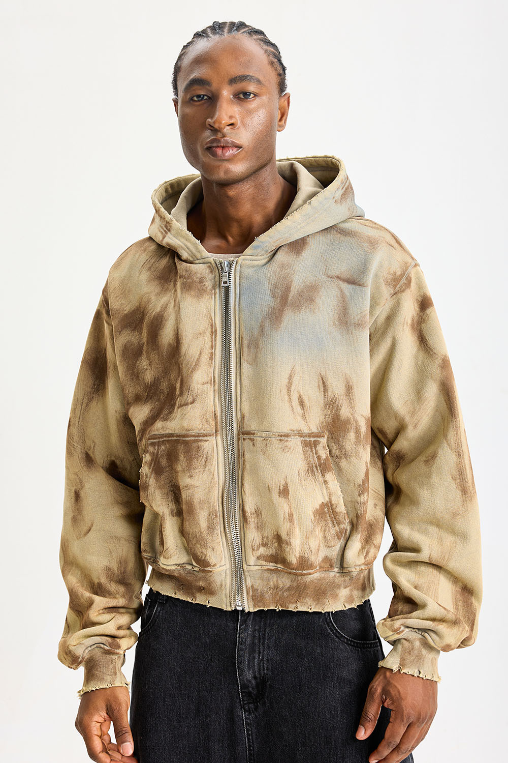 Custom Earth‑Tone Tie‑Dye Cropped Zip‑Up Hoodie | Men Oversized Raw‑Edge Frayed Vintage Washed Streetwear Full‑Zip Hooded Sweatshirt