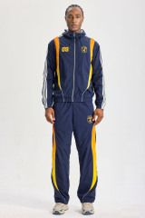 Custom Navy Blue Soccer‑Style Color‑Block Hooded Tracksuit 2‑Piece Set | Men Crinkle Nylon Zip‑Up Windbreaker & Wide‑Leg Pants Retro Football Streetwear Sweatsuit