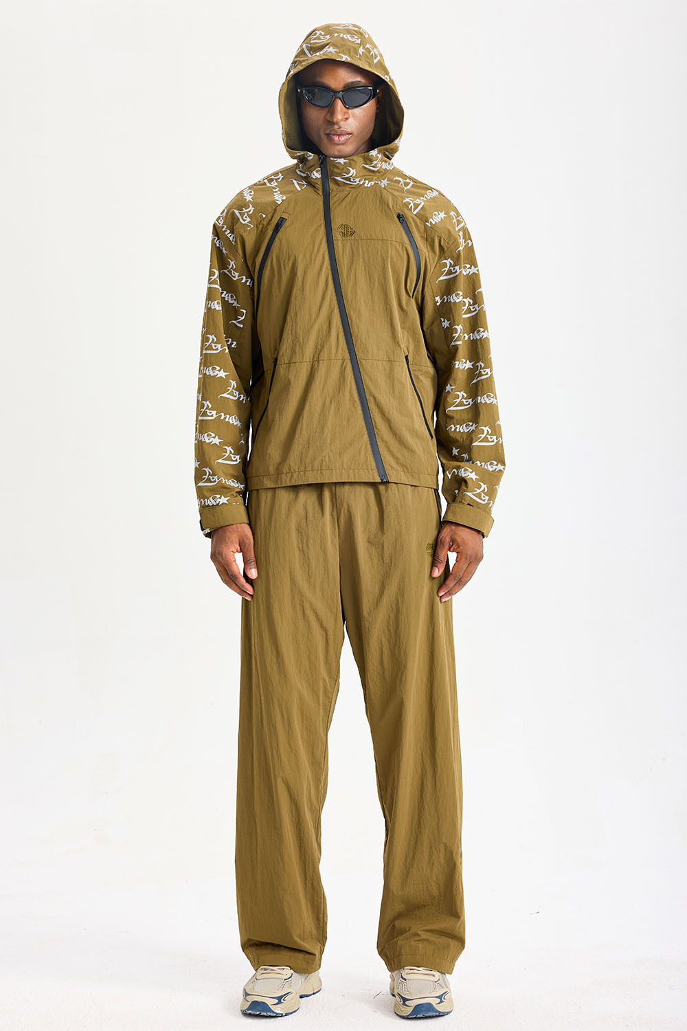 Custom Mustard‑Brown Diagonal‑Zip All‑Over Print Hooded Tracksuit 2‑Piece Set | Men Crinkle Nylon Windbreaker & Wide‑Leg Pants Tech Streetwear Sweatsuit