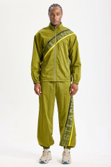 Custom Olive‑Green Stand‑Collar Diagonal Mesh Logo Tape Tracksuit 2‑Piece Set | Men Crinkle Nylon Windbreaker & Jogger Pants Retro Street Sport Sweatsuit