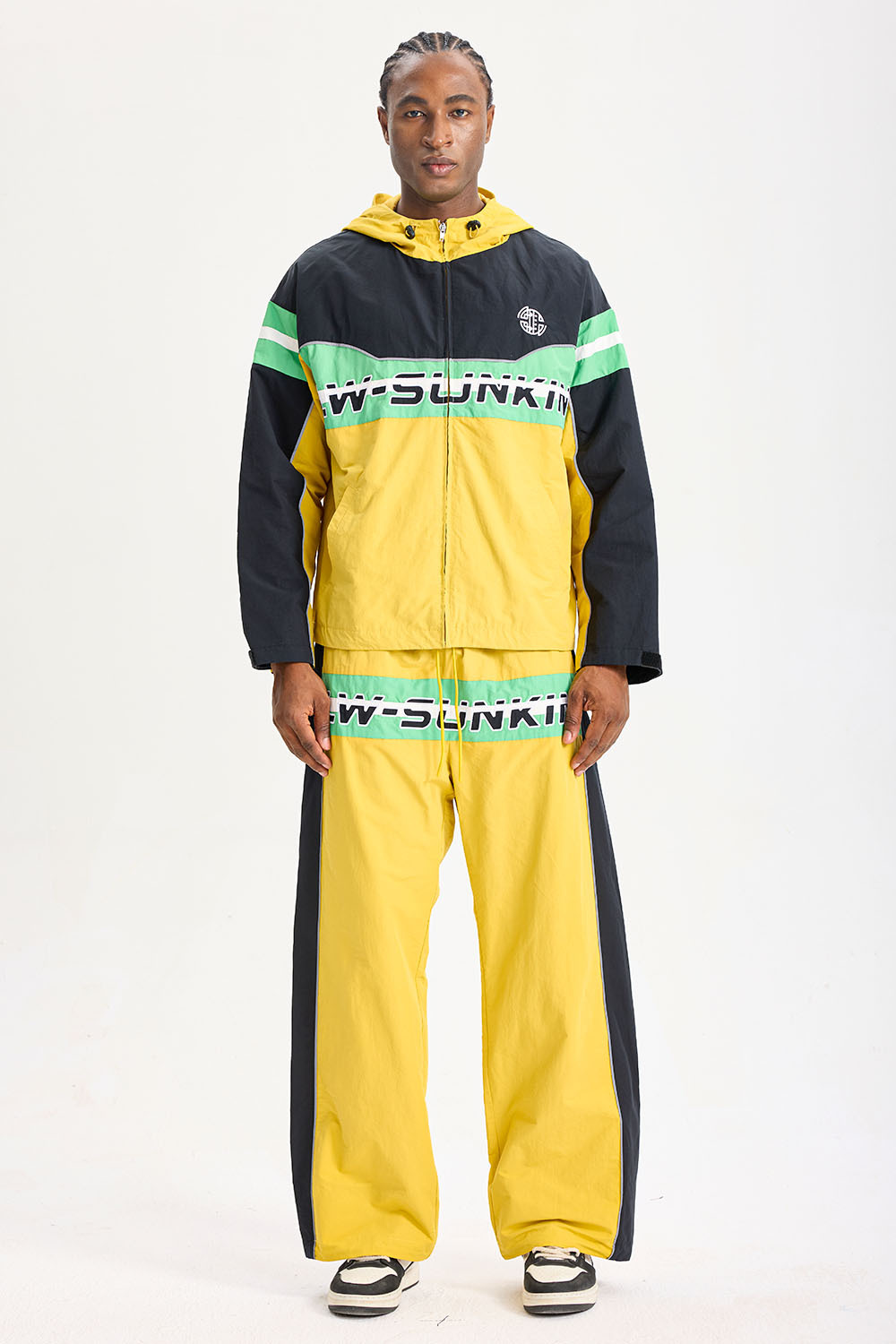 Custom Color‑Block Hooded Tracksuit 2‑Piece Set | Men Crinkle Nylon Full‑Zip Windbreaker & Wide‑Leg Pants Retro 90s Street Sport Sweatsuit