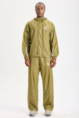 Custom Olive Ripstop Hooded Tracksuit 2‑Piece Set | Men Lightweight Windbreaker & Wide‑Leg Pants With Reflective Piping Vertical Sleeve Letter Tech Street Sport Sweatsuit