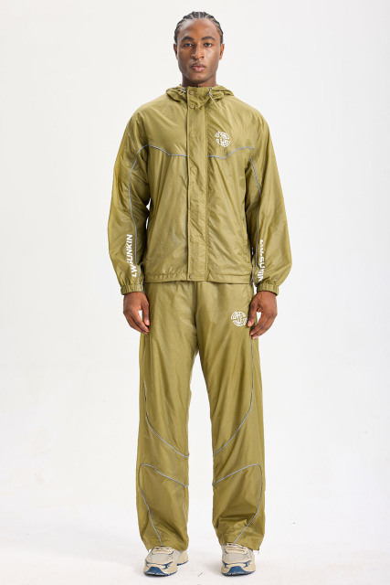 Custom Olive Ripstop Hooded Tracksuit 2‑Piece Set | Men Lightweight Windbreaker & Wide‑Leg Pants With Reflective Piping Vertical Sleeve Letter Tech Street Sport Sweatsuit