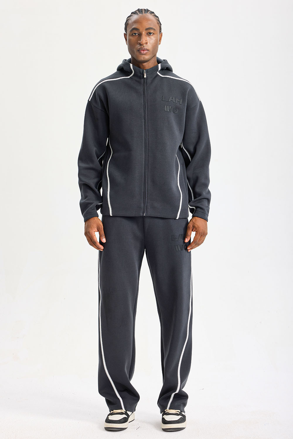 Custom Dark Grey Zip‑Up Hooded Sweat Suit 2‑Piece Set | Men French Terry Tracksuit With White Wavy Contrast Stitching Embossed Logo Streetwear Outfit