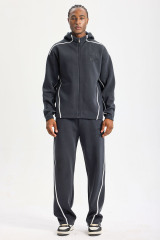 Custom Dark Grey Zip‑Up Hooded Sweat Suit 2‑Piece Set | Men French Terry Tracksuit With White Wavy Contrast Stitching Embossed Logo Streetwear Outfit