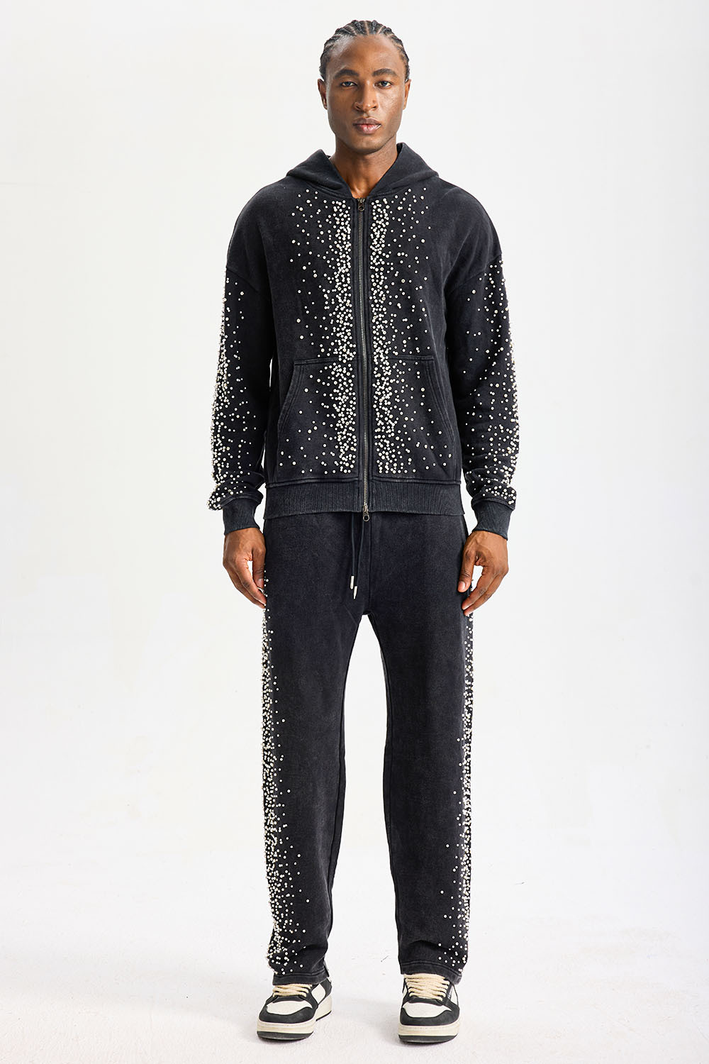 Custom Washed Black Rhinestone Zip‑Up Hoodie Tracksuit 2‑Piece Set | Men Heavyweight French Terry Streetwear Sweatsuit With Scattered Hot‑Fix Rhinestone Details