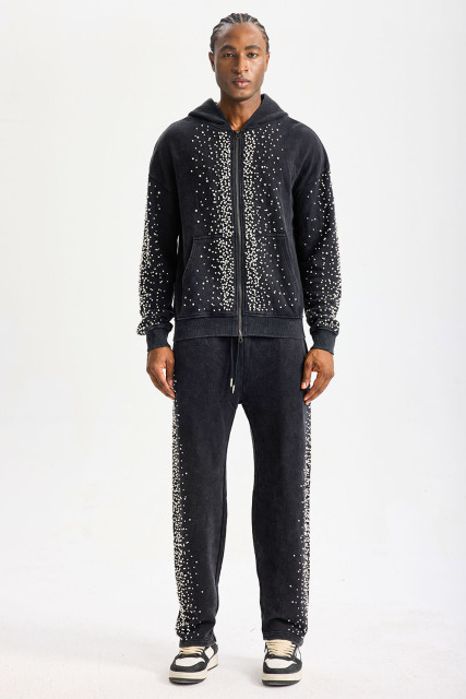 Custom Washed Black Rhinestone Zip‑Up Hoodie Tracksuit 2‑Piece Set | Men Heavyweight French Terry Streetwear Sweatsuit With Scattered Hot‑Fix Rhinestone Details