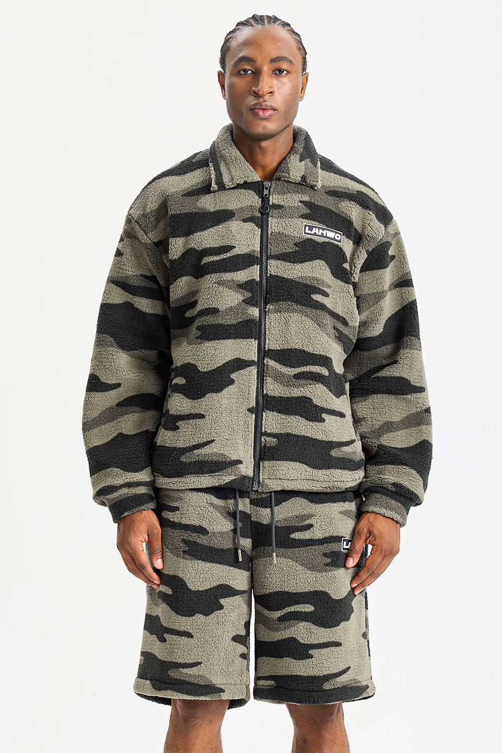 Custom Camo Sherpa Fleece 2‑Piece Short Set | Men Oversized Collared Full Zip Jacket & Camouflage Shorts Streetwear Outfit