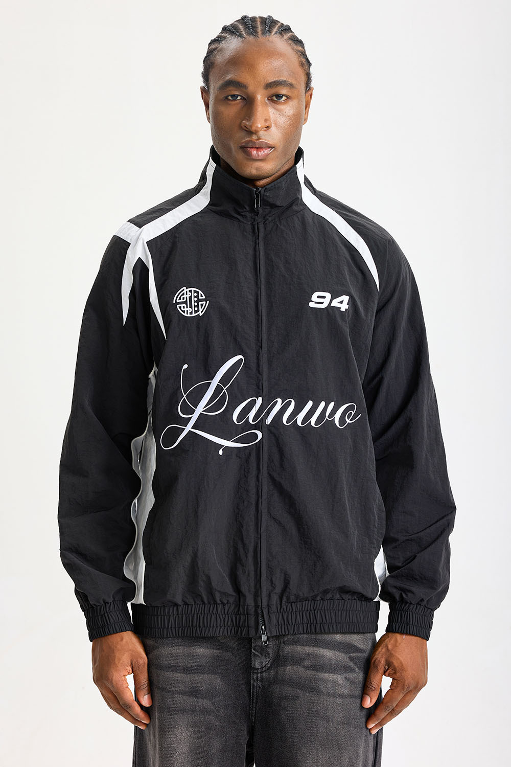 Custom Retro 90s Color‑Block Nylon Track Jacket | Men Oversized Stand Collar Windbreaker With Script Logo & Number 94 Print Streetwear