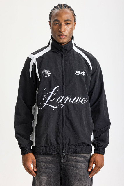 Custom Retro 90s Color‑Block Nylon Track Jacket | Men Oversized Stand Collar Windbreaker With Script Logo & Number 94 Print Streetwear