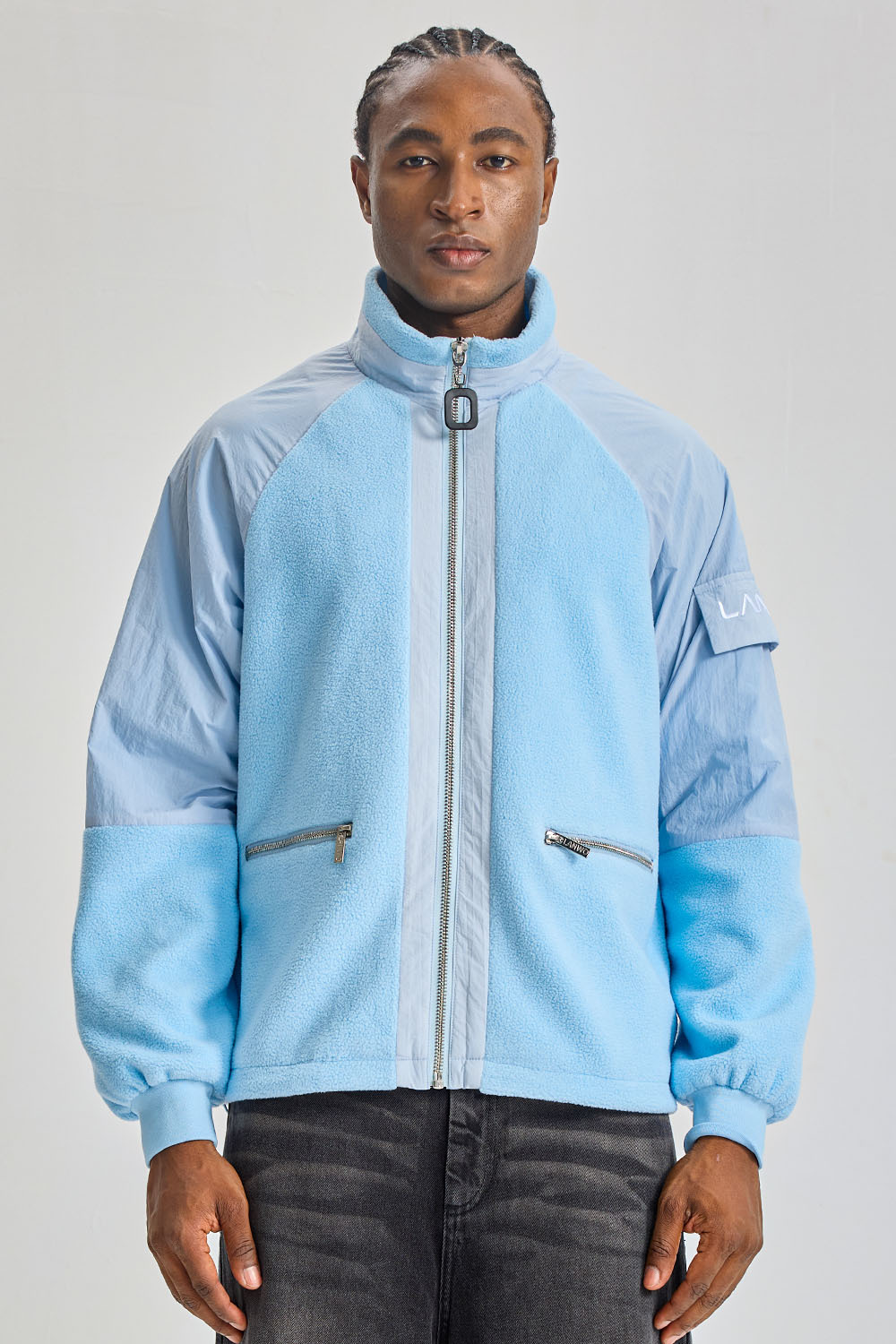 Custom Baby Blue Hybrid Fleece Nylon Raglan Jacket | Men Stand‑Collared Mixed Fabric Zip‑Up Streetwear Jacket With Zipper Pockets