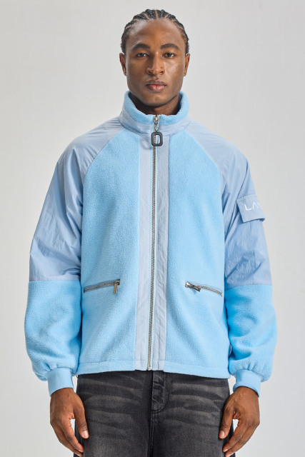 Custom Baby Blue Hybrid Fleece Nylon Raglan Jacket | Men Stand‑Collared Mixed Fabric Zip‑Up Streetwear Jacket With Zipper Pockets