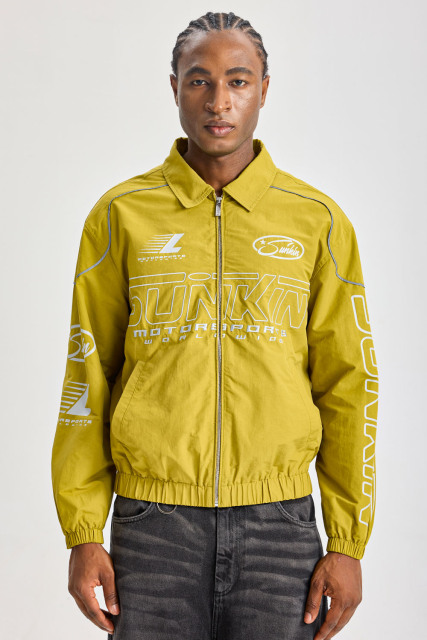 Custom Mustard Yellow Retro Motorsport Coach Jacket | Men Cropped Nylon Windbreaker With Reflective Piping & Sunkin Racing Graphic Prints Streetwear