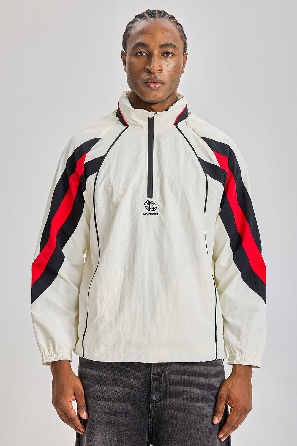 Custom 1/4 Zip Color‑Block Nylon Anorak Jacket | Men Retro Raglan Windbreaker With Red‑Black Panel & Lanwo Monogram Print Streetwear