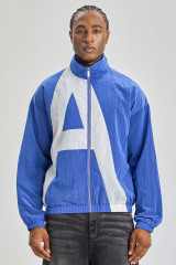 Custom Blue‑White Big Graphic Color‑Block Nylon Track Jacket | Men Retro Full‑Zip Stand Collar Crinkle Nylon Windbreaker Streetwear