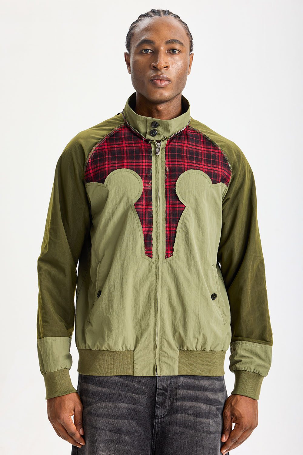 Custom Olive Mixed‑Fabric Patchwork Bomber Jacket | Men Retro Red Plaid Raw‑Edge Splicing Stand Collar Streetwear Jacket