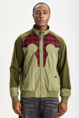 Custom Olive Mixed‑Fabric Patchwork Bomber Jacket | Men Retro Red Plaid Raw‑Edge Splicing Stand Collar Streetwear Jacket