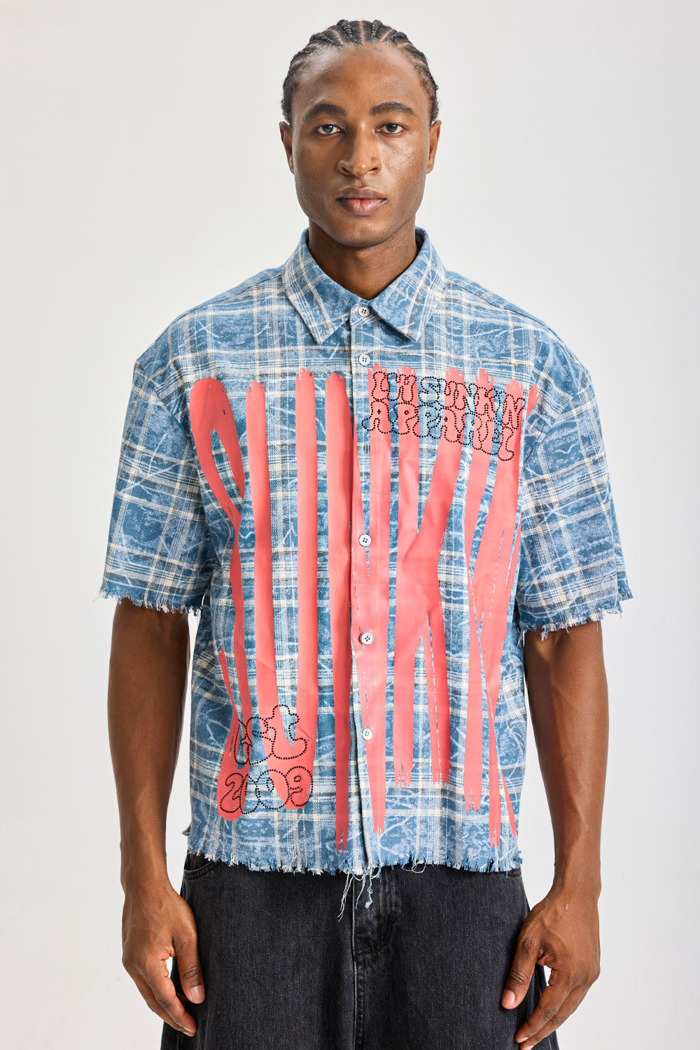 Custom Washed Blue Plaid Short‑Sleeve Shirt | Men Oversized Frayed‑Edge Sunkin Graffiti Print Streetwear Button‑Up Shirt