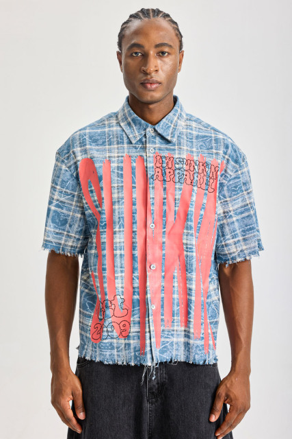 Custom Washed Blue Plaid Short‑Sleeve Shirt | Men Oversized Frayed‑Edge Sunkin Graffiti Print Streetwear Button‑Up Shirt