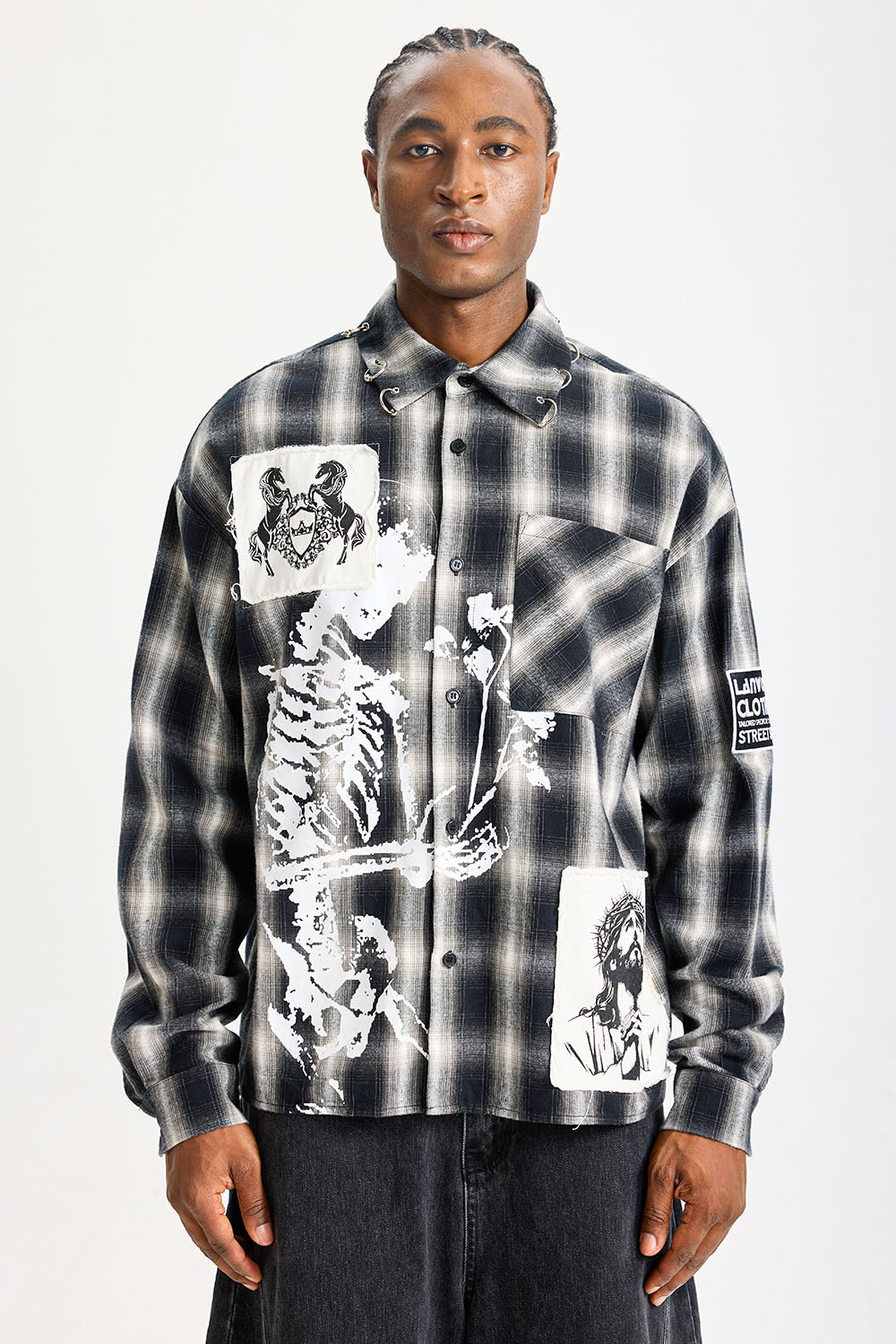 Custom Black‑White Plaid Patchwork Flannel Shirt | Men Oversized Skeleton Graphic Raw‑Edge Patches Metal O‑Ring Streetwear Button‑Up Shirt