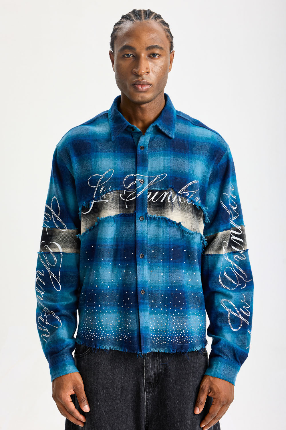 Custom Blue Ombre Plaid Frayed Patchwork Flannel Shirt | Men Oversized Rhinestone Script Print Streetwear Long‑Sleeve Button‑Up Shirt