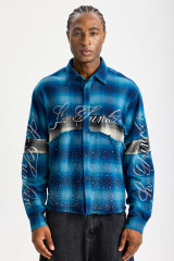 Custom Blue Ombre Plaid Frayed Patchwork Flannel Shirt | Men Oversized Rhinestone Script Print Streetwear Long‑Sleeve Button‑Up Shirt
