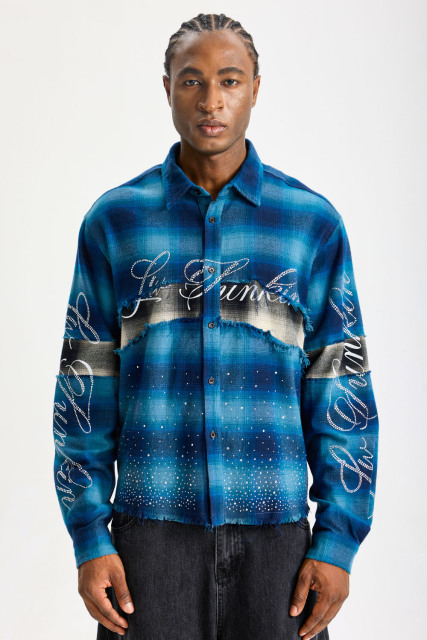Custom Blue Ombre Plaid Frayed Patchwork Flannel Shirt | Men Oversized Rhinestone Script Print Streetwear Long‑Sleeve Button‑Up Shirt