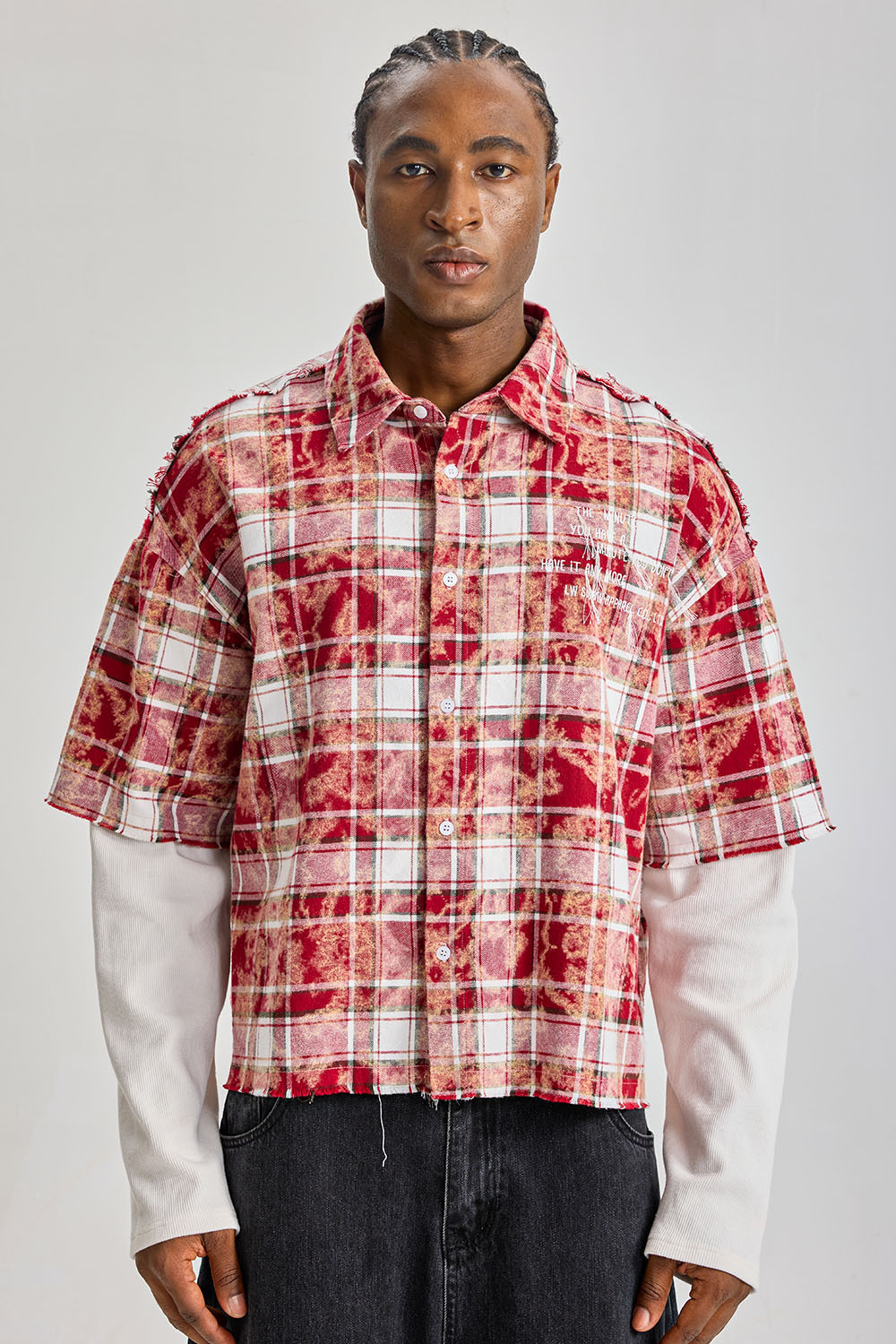 Custom Red Floral‑Plaid Fake Two‑Piece Short‑Sleeve Shirt | Men Oversized Frayed Raw‑Edge Layered Streetwear Button‑Up Shirt