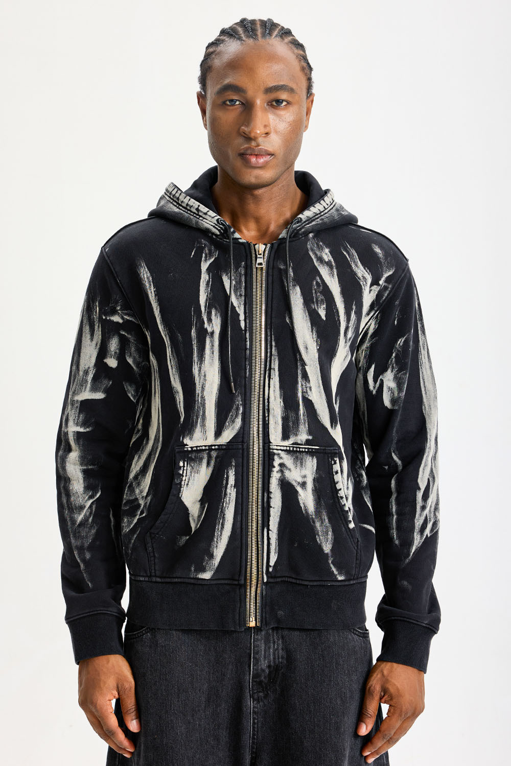 Custom Black Brush‑Stroke Print Full‑Zip Hoodie | Men Oversized Vintage Washed Abstract Graphic Zip‑Up Streetwear Hooded Sweatshirt