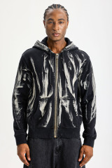 Custom Black Brush‑Stroke Print Full‑Zip Hoodie | Men Oversized Vintage Washed Abstract Graphic Zip‑Up Streetwear Hooded Sweatshirt
