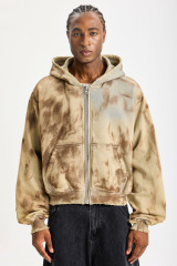 Custom Earth‑Tone Tie‑Dye Cropped Zip‑Up Hoodie | Men Oversized Raw‑Edge Frayed Vintage Washed Streetwear Full‑Zip Hooded Sweatshirt