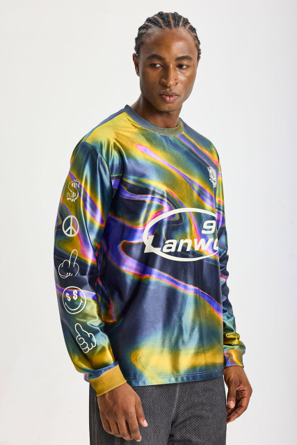 Custom Holographic Swirl Marble All‑Over Print Long‑Sleeve Jersey | Men Sublimation Oversized Retro Streetwear Long Sleeve Tee