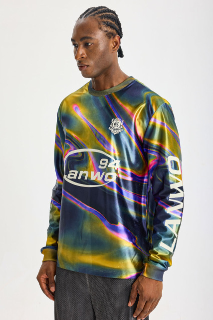 Custom Holographic Swirl Marble All‑Over Print Long‑Sleeve Jersey | Men Sublimation Oversized Retro Streetwear Long Sleeve Tee