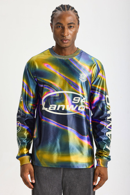 Custom Holographic Swirl Marble All‑Over Print Long‑Sleeve Jersey | Men Sublimation Oversized Retro Streetwear Long Sleeve Tee