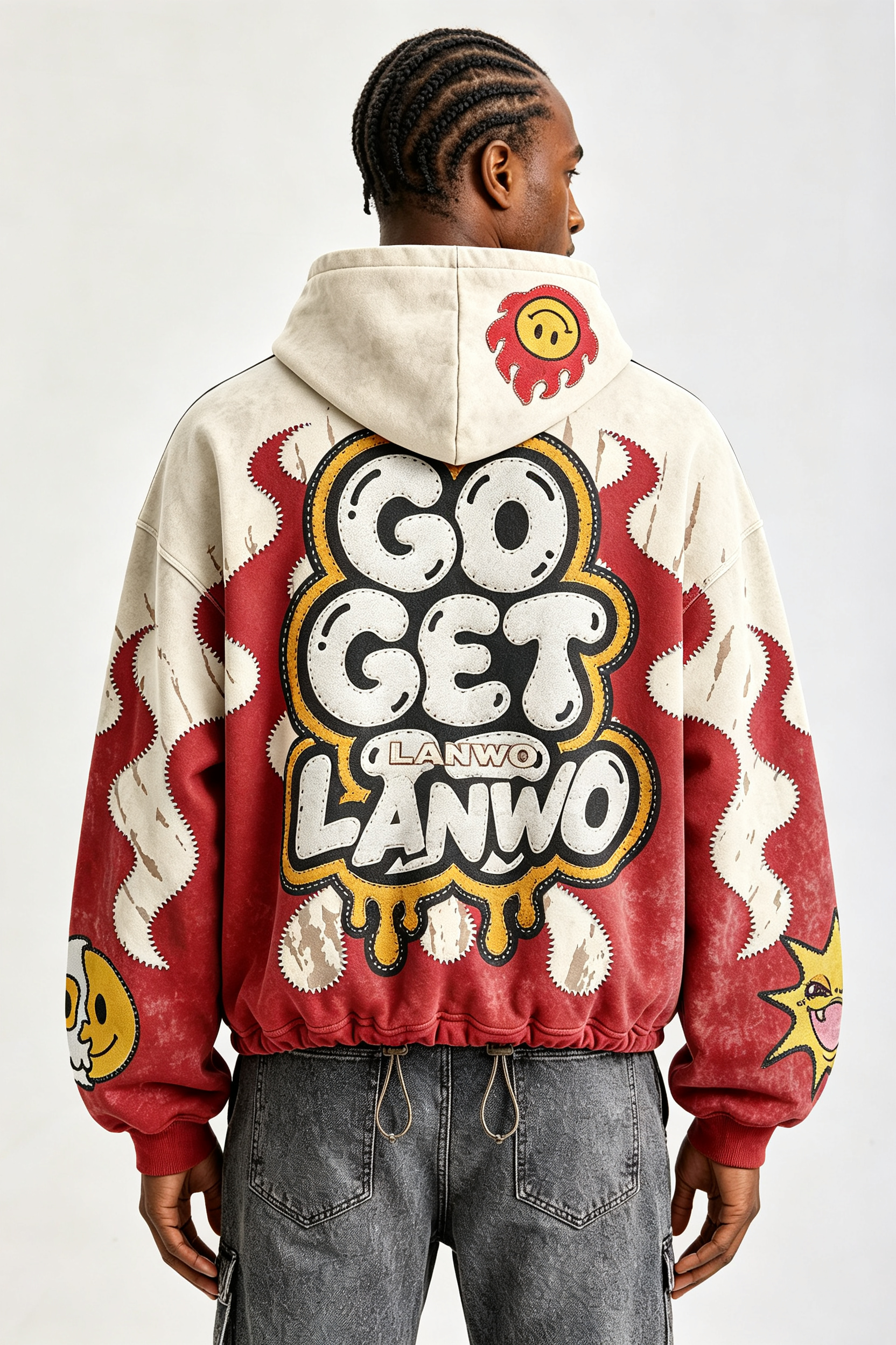 Custom Cartoon Flame Chenille Patch Zip‑Up Hoodie | Men Vintage Washed Cropped Oversized Streetwear Hooded Jacket