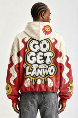 Custom Cartoon Flame Chenille Patch Zip‑Up Hoodie | Men Vintage Washed Cropped Oversized Streetwear Hooded Jacket