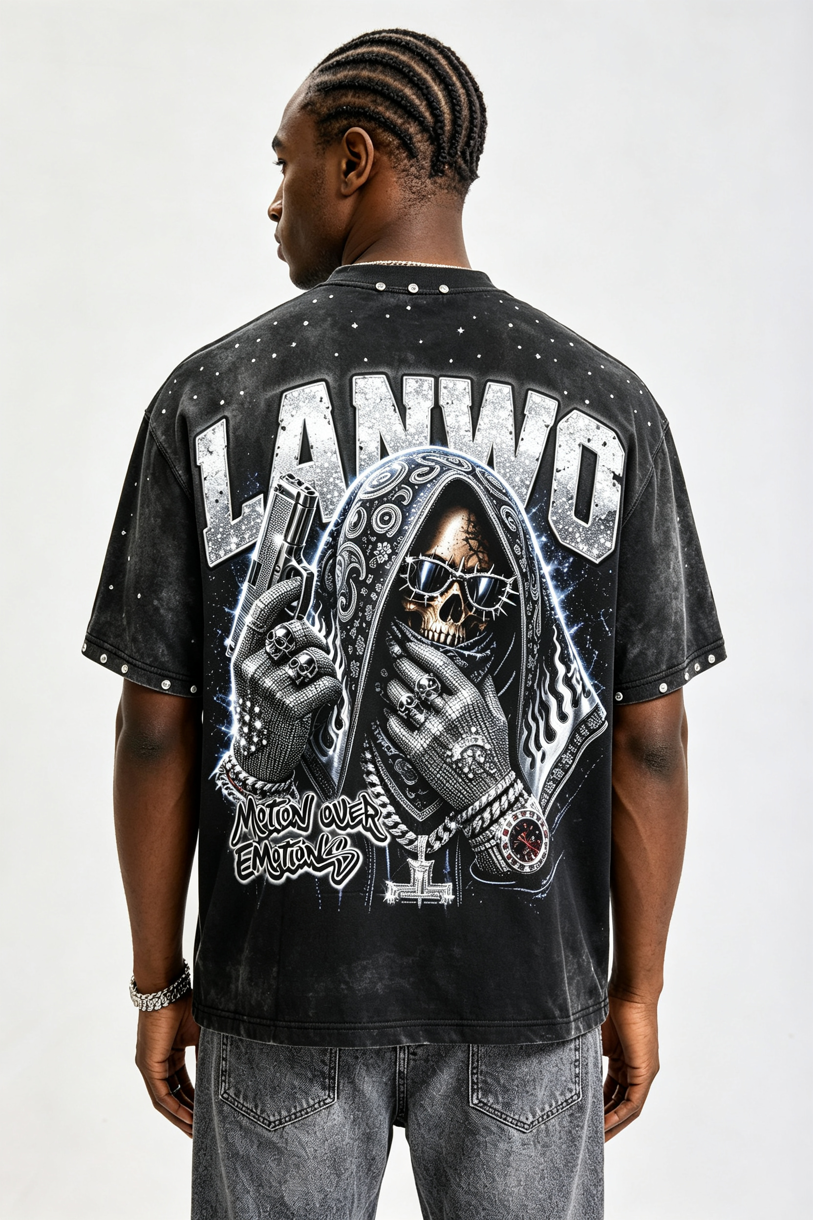 Custom Vintage Washed Skull Gangster Graphic T‑Shirt | Men Metal Stud Oversized Hip‑Hop Streetwear Tee