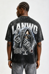 Custom Vintage Washed Skull Gangster Graphic T‑Shirt | Men Metal Stud Oversized Hip‑Hop Streetwear Tee