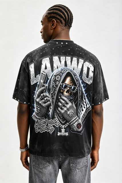 Custom Vintage Washed Skull Gangster Graphic T‑Shirt | Men Metal Stud Oversized Hip‑Hop Streetwear Tee